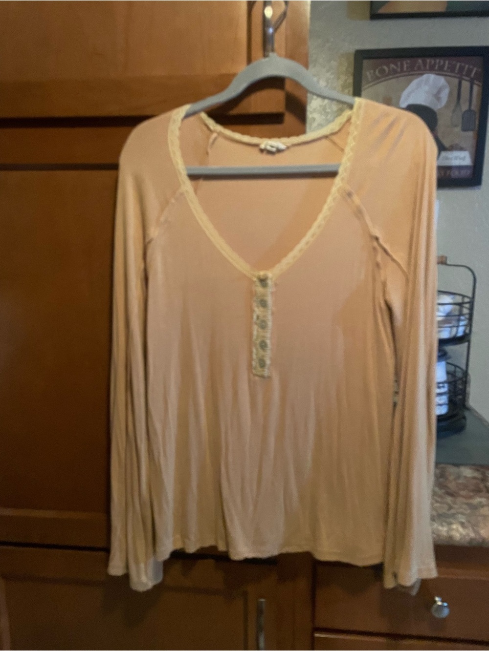 POL Women's Long Sleeve V-Neck Top in Peach
